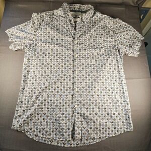 Vissla Mens XL Short Sleeve Button Up Shirt Blue Grey Geometric circles